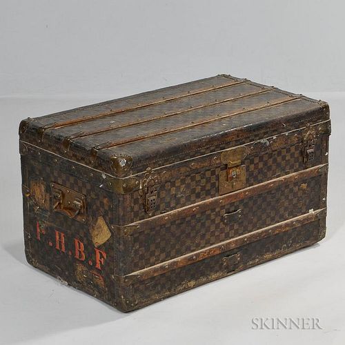 Louis Vuitton Damier Canvas Steamer Trunk, France, late 19th/early 20th century, metal bound, with pulls on each side and "P.
