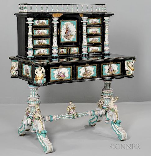 Meissen-style Porcelain Desk, late 19th century, possibly KPM, polychrome decorated with figural scenes plaques and figural f