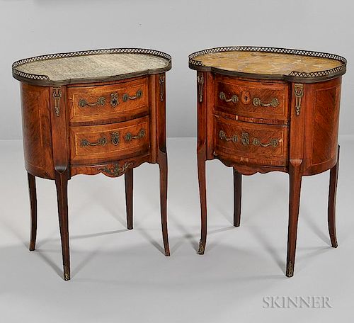Two Louis XV-style Marble-top Inlaid Side Tables, early 20th century, each with pierced heart motif gallery over shaped oval 