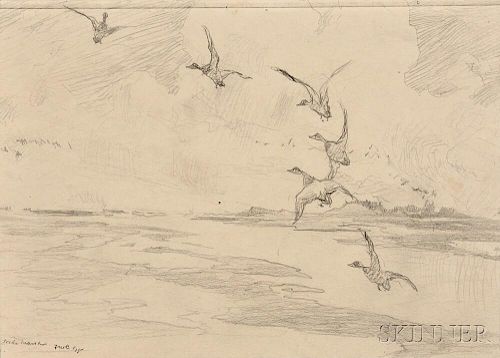 Frank Weston Benson (American, 1862-1951)      Seven Pencil Studies of Ducks and Birds: Widgeons Alighting, Thrush and Yellow Legs