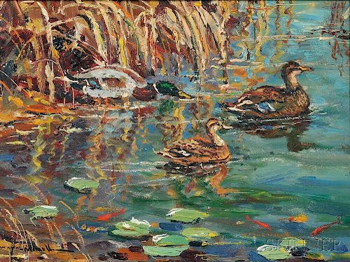 Wayne Beam Morrell (American, 1923-2013)      Mallard Ducks in a Rockport, Mass., Pond