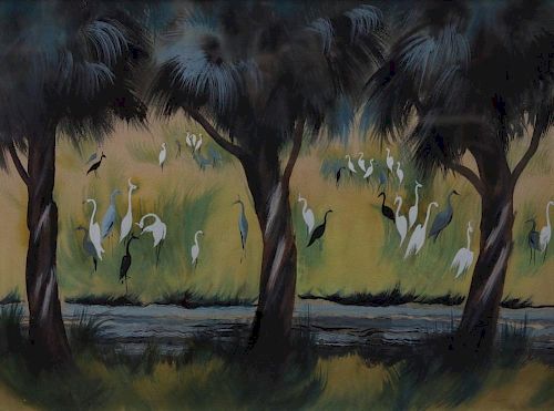 Marion Bryson (American, 20th century)Egrets and Cranes in a Landscape, ca 1950