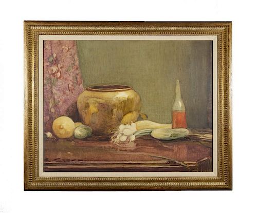 Ettore Caser (Italian , 1880-1944) 
Still life with Vase, Bottle and Vegetables