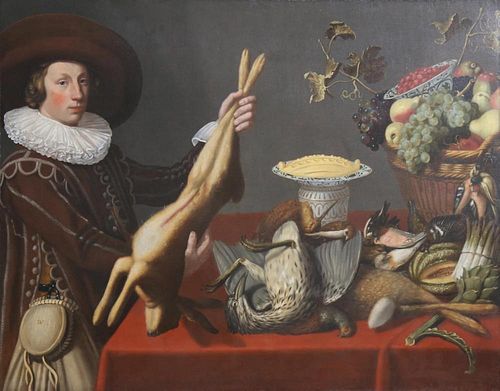 A Game Still Life with a Young Man Holding a Hare in front of a Table with other Victuals, Dutch, 1st half 17thc.