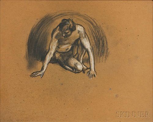 Arthur Bowen Davies (American, 1862-1928)      Three Framed Figure Drawings: Crouching Male, Seated Male Nude