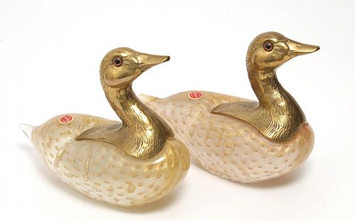 Venetian Murano Art Glass Ducks w Gilt Brass Heads