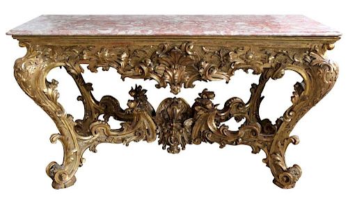 A Monumental Italian Carved and Gilded Wood Console Table