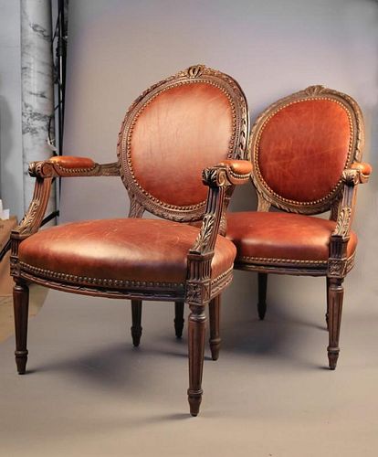 Pair of Louis XVIth Style Leather Upholstered Fauteuils