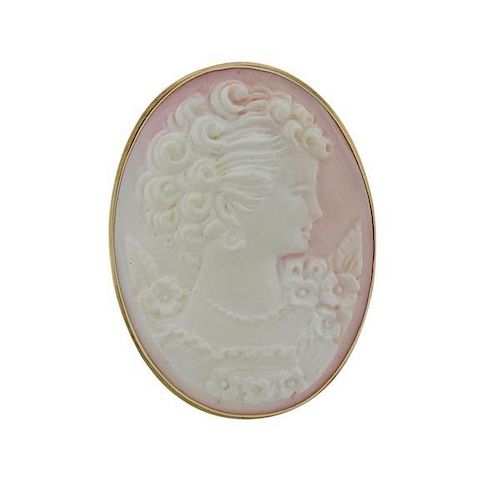 14K Gold Shell Cameo Large Brooch Pendant