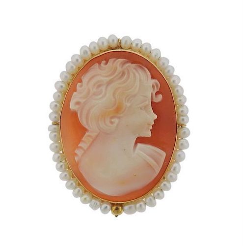 14k Gold Pearl Shell Cameo Brooch Pendant