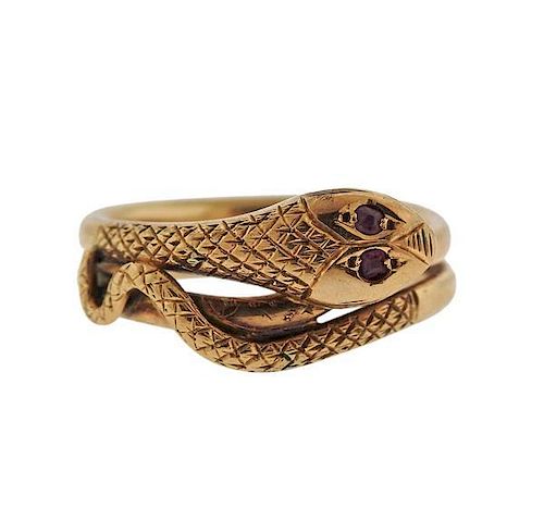 Antique 14k Gold Red Stone Snake Ring