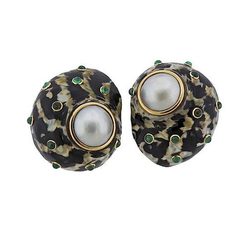 Trianon 14k Gold Shell Pearl Emerald Large Earrings