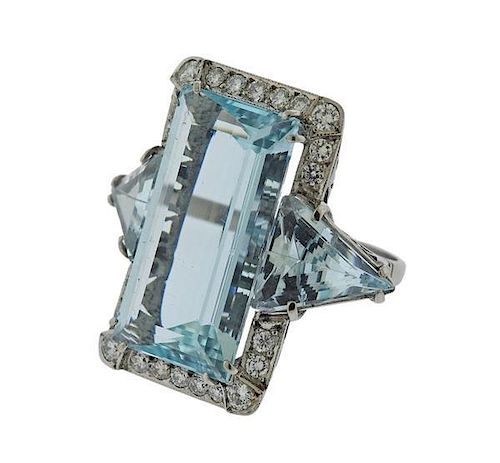 Platinum Diamond Aquamarine Cocktail Ring
