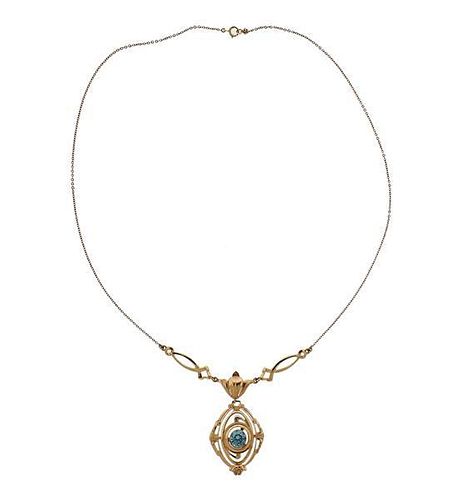 10K Gold Blue Stone Drop Pendant Necklace