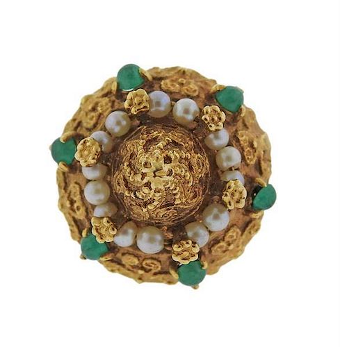14k Gold Pearl Green Stone Ring