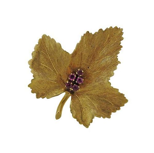 Tiffany &amp; Co 18k Gold Ruby Leaf Brooch Pin