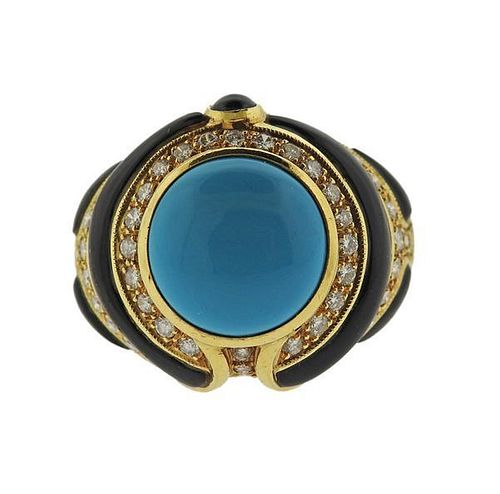18k Gold Diamond Turquoise Onyx Dome Ring