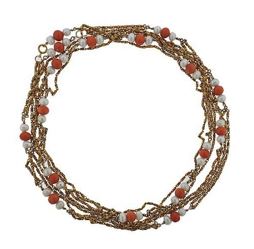 18k Gold Coral Pearl Long Necklace