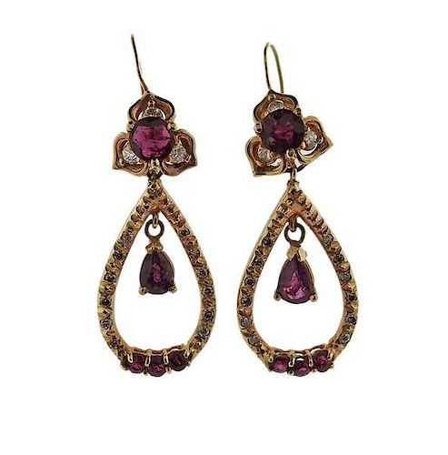 14k Gold Diamond Red Stone Drop Earrings