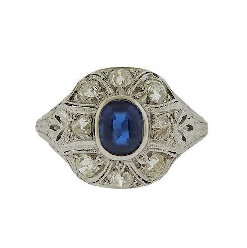 Art Deco Platinum Diamond Sapphire Dome Ring