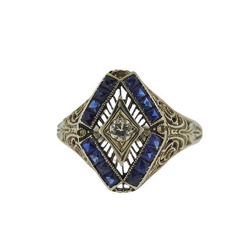 14K Gold Diamond Blue Stone Filigree Ring