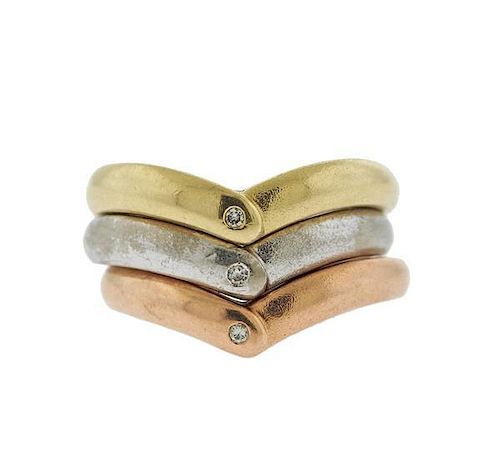 14K Tri Color Gold Diamond Ring Set of 3