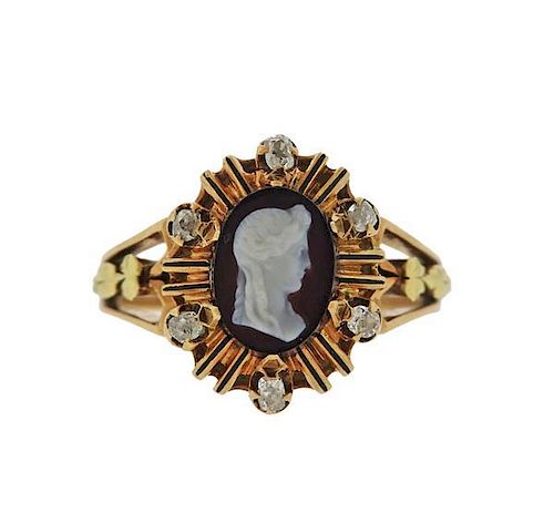 Antique 14k Gold Diamond Hardstone Cameo Ring