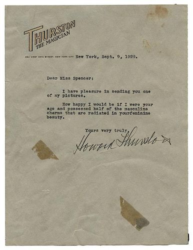 Typed Letter Signed, “Howard Thurston”, to Chrystal Spencer (Dunninger).