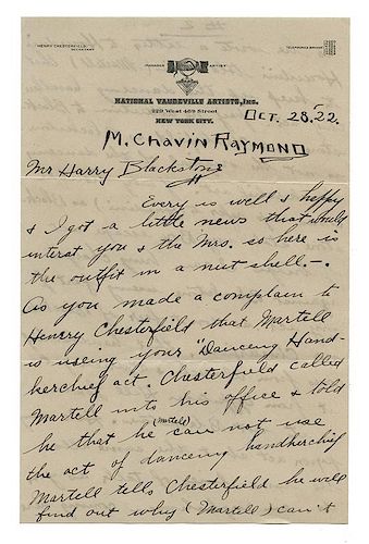 Two Letters from Maurice Chavin Raymond to Harry Blackstone Pertaining to a Dispute with Houdini.