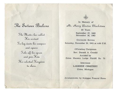 Memorial Card from the Funeral of Harry Blackstone Sr.