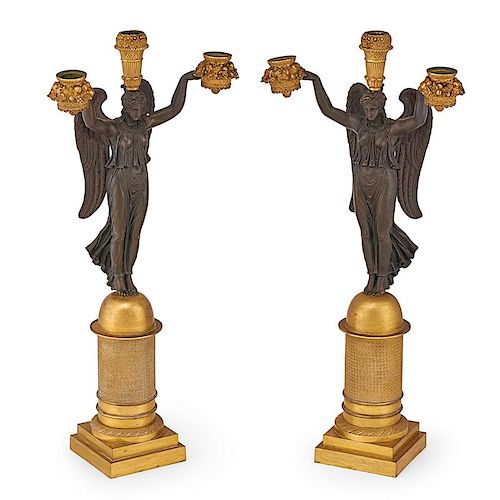 PAIR OF EMPIRE GILT AND PATINATED BRONZE CANDELABRA