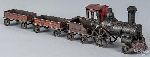 Stevens cast iron Big 6 floor train with a UPRR tender and two gondola cars, engine - 7 1/2'' l.