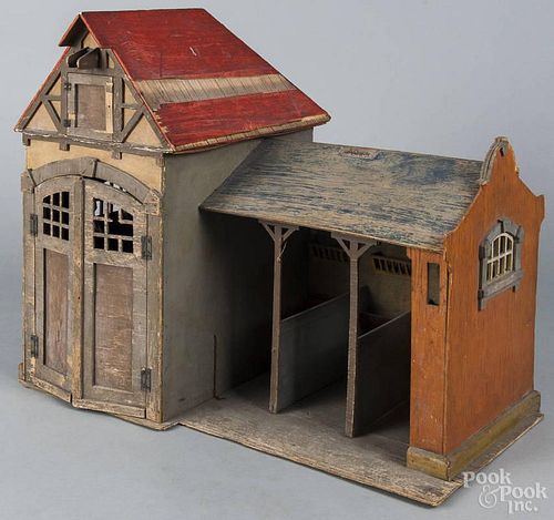 Painted pine model of a stable, ca. 1900, 21'' h., 26'' w.