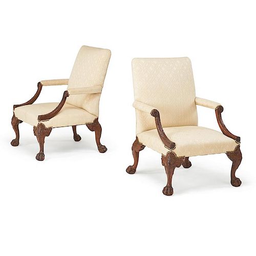 PAIR OF GEORGE II MAHOGANY LIBRARY ARMCHAIRS