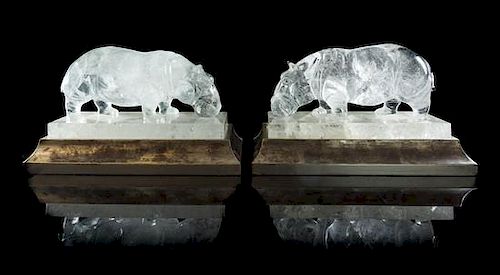 * A Pair of Rock Crystal Models of Hippopotamuses Width overall 12 inches.
