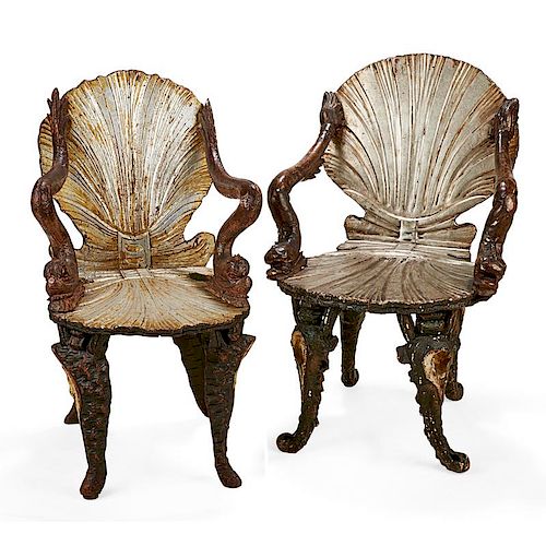 PAIR OF VENETIAN PAINTED & SILVERED GROTTO CHAIRS
