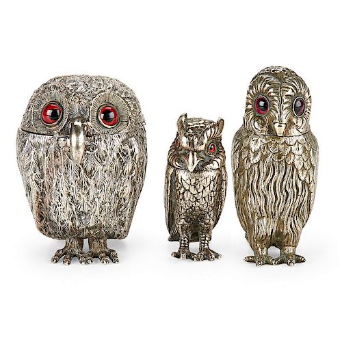 THREE SILVERPLATED OWLS