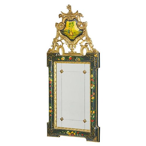 ROCOCO STYLE PAINTED AND PARCEL GILT MIRROR