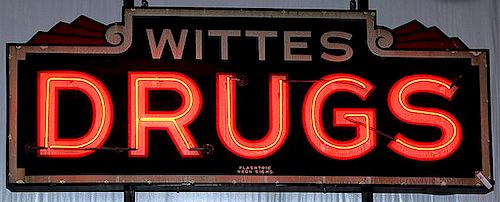 Neon - Wittes Drugs porcelain - "(No Suggestions) neon sign" "working condition" 36" x 87"