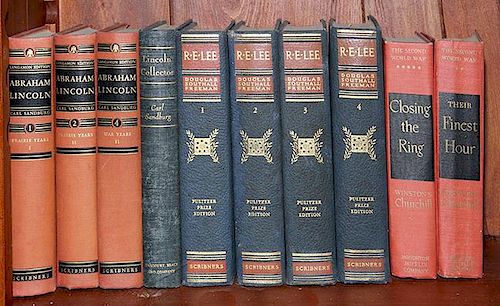 A group of books including R. E. Lee by Douglas Freeman, three Abe Lincoln books and two Winston Churchill books