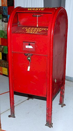 "Oak Ridge" classified waste mailbox container, original condition, 20" x 19" x 50"