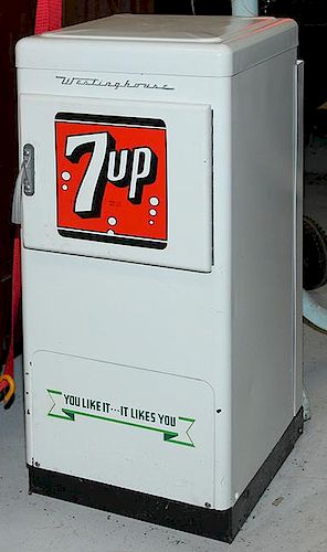 A fantasy 7-UP office cooler by Westinghouse, working condition 14" x 14" x 34"