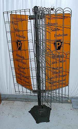 Pittsburg fence hardware store display 4' x 32" a vintage floor model sign with a pair of two-sided tin signs and 5 different