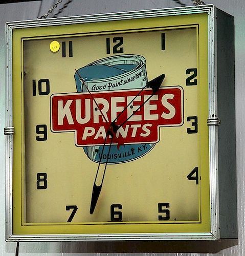 Neon clock "Kurfees Paint" 15 1/2" x 15 1/2", white neon with a working clock, Louisville, KY