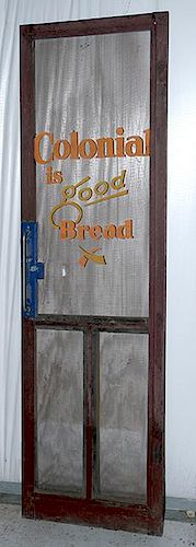 "Colonial Bread" screen door with door pull and good paint on screen 78" x 24" x 1" right hand door