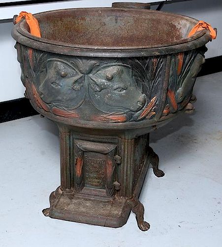 Kenwood cast iron rendering pot with embossed cows, 3' x 38",