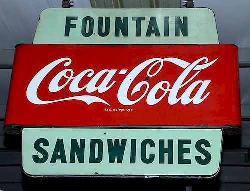 Coca-Cola porcelain drug store fountain sign 4' x 57" fine condition with original hangers double sided