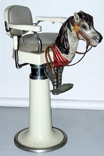 Barber Shop Payday porcelain child's barber chair with carved wood horse head, porcelain stand and chair in fine working cond