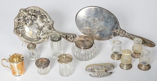 Sterling Silver Art Nouveau Hand Mirror, Glass Dresser Jars and Other Accessories
