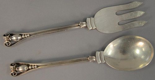 Georg Jensen sterling silver salad serving spoon and fork, similar to Blossom pattern. lg. 9 1/2in., 7.65 t oz.